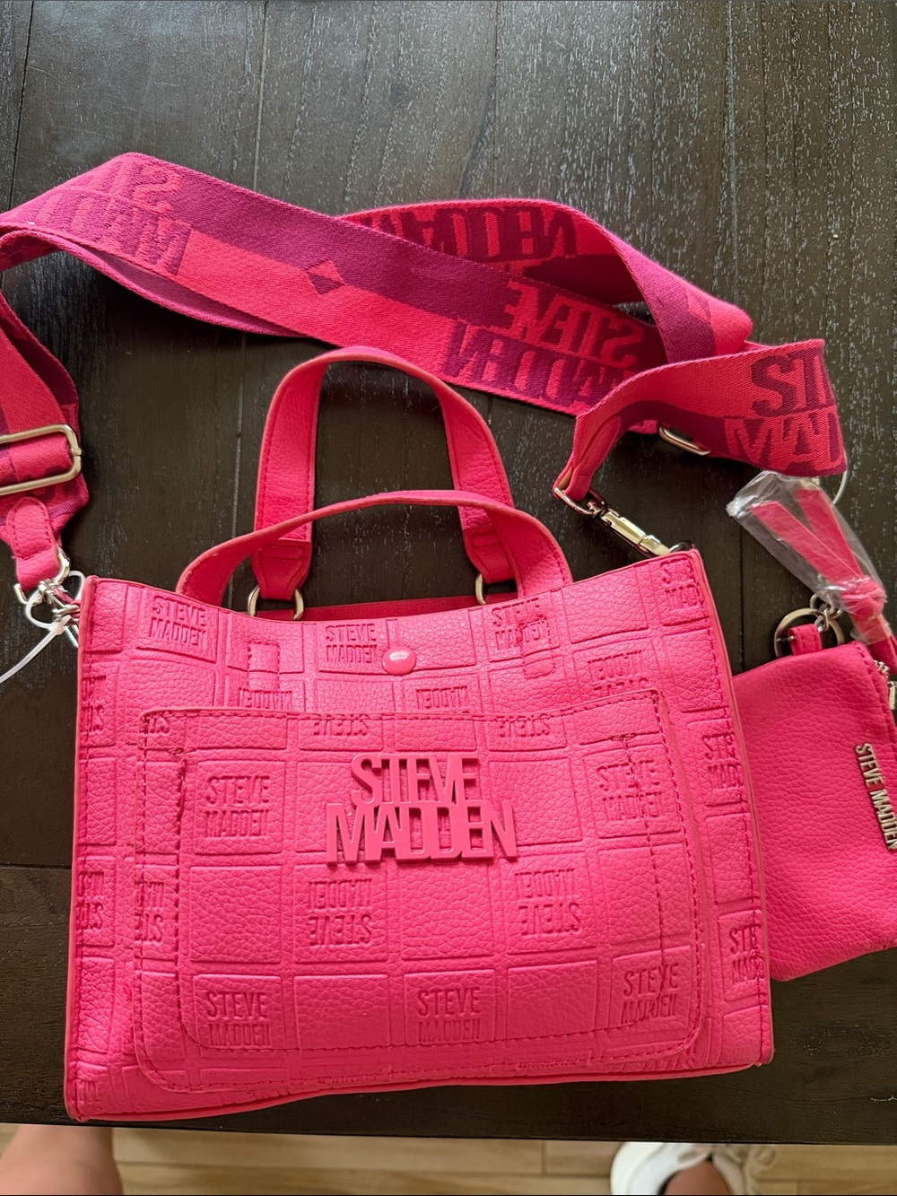 Steve Madden Hot Pink Logo-Embossed Satchel with Detachable Strap